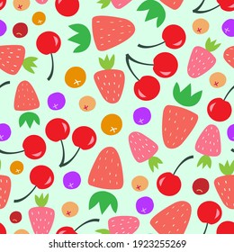Vektornahtloses Muster aus Beeren. Saft Erdbeeren, Kirschen, Linguonbeeren, Heidelbeeren im Stil von Karton, flach, handgezeichnet. Köstlicher Druck für Oberflächengestaltung, Digitalpapier, Verpackungen, Gewebe