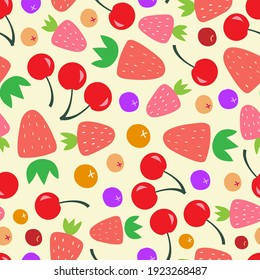 Vector seamless pattern from berries. Juicy strawberries, cherries, lingonberries, blueberries in style of carton, flat, hand draw. Delicious print for surface design, digital paper, packaging, fabric