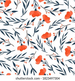 Vector seamless pattern with berries, leaves, branches, red flowers. Flat cartoon design. Decorative ornament. Illustration isolated on white background. For wrapping, wallpaper, textile, scrapbooking