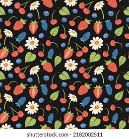 Vector seamless pattern with berries, leaves and flowers: strawberries, cherries, blackberries, blueberries and chamomile.