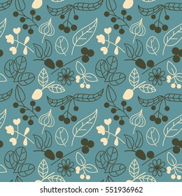 Vector seamless pattern with berries and leaves. Nature background with plants and flowers. 