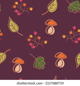Vector seamless pattern with berries and mushroom. Vector seasonal pattern with autumn elements.