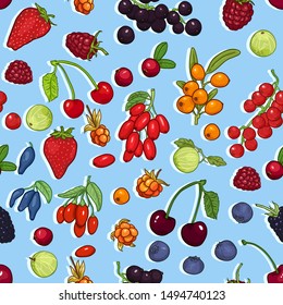 Vector Seamless Pattern of Berries on Blue Background