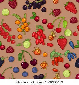 Vector Seamless Pattern of Berries on Brown Background