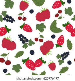 Vector seamless pattern of berries on white background. Strawberry, raspberry, currant, cherry seamless pattern