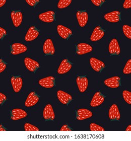 Vector seamless pattern of berries. Strawberries on a black background. Pattern made without using clipping mask