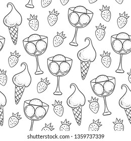 Vector seamless pattern with berry ice cream, ice cream in balls, ice cream in horn, strawberry. Hand-drawn style