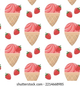 Vector seamless pattern with berry ice cream with strawberries in a waffle cone. Sweet dessert wallpaper in a flat style.