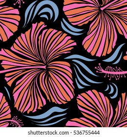 Vector seamless pattern. Best creative design for poster, flyer, printing. Aloha T-Shirt design. Aloha Hawaii, Luau Party invitation on black background with hibiscus flowers in orange and pink colors