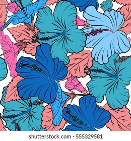 Vector seamless pattern. Best creative design for poster, flyers, printing. Aloha T-Shirt design. Aloha Hawaii, Luau Party invitation on white background with hibiscus flowers in pink and blue colors.