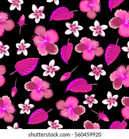 Vector seamless pattern. Best creative design for poster, flyer, presentation. Aloha T-Shirt design. Aloha Hawaii, Luau Party invitation on black background with multicolored hibiscus flowers.
