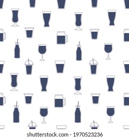 Vector Seamless Pattern with Beverage Glasses. Blue Glasses with Edge Contours on White Background. Vector Illustration for Restaurant, Bar, Cafe Menu, Invitation, Advertisement, Wallpaper, Brochure 