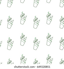 Vector seamless pattern with beverage splash from a glass. Background with cups with green fresh. Can be used for print on clothes, package, banner, wrapping paper. EPS10. Eco backdrop.