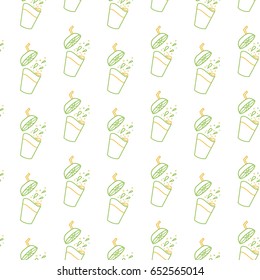 Vector seamless pattern with beverage splash from a glass. Background with green cups  with fresh. Can be used for print on clothes, package, banner, wrapping paper. EPS10. Eco backdrop.