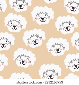 Vector seamless pattern with bichon dogs faces on light beige background.