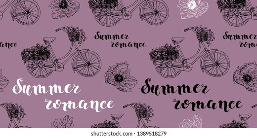 Vector seamless pattern with bicycle, poppies, text Summer romance, on purple background, white and black contour. For wallpapers, backgrounds, textiles, factories, coloring, designs, cards, cards