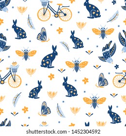 Vector seamless pattern with bicycle and rabbits, flowers, butterflies, bees, insects on white background. Scandinavian and Folk art style