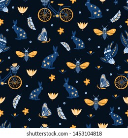 Vector seamless pattern with bicycle and rabbits, flowers, butterflies, bees, insects on white background. Scandinavian and Folk art style