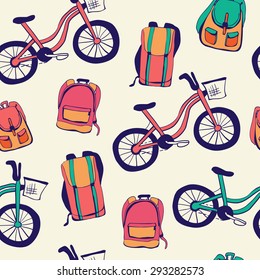 Vector seamless pattern Bicycles and backpacks. Pink, orange and green objects on light beige background. Bright colorful elements drawn in doodle style for your design.