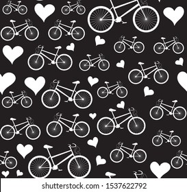 Vector seamless pattern with bicycles and handwritten hearts, "chalk on blackboard" effect