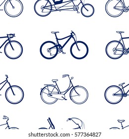 Vector seamless pattern with bicycles types made in flat minimalist style. Beautiful design elements, perfect for prints and patterns
