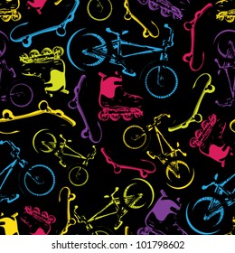 Vector seamless pattern with bicycles,skateboards and rollers.