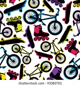 Vector seamless pattern with bicycles,skateboards and rollers.