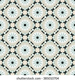 Vector seamless pattern with big abstract flowers in mint beige pastel colors. Vintage style background with flourish decor. Bold print with floral circles, dots and stars with ethic, indian motifs