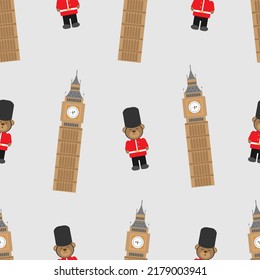 Patrón de vectores sin fisuras con la Torre Big Ben y los osos de peluche con uniforme de guardia