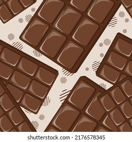 Vector seamless pattern with big chocolate bars on light pale beige background. World Chocolate Day. Sugar free. Sweet lover.  Candy store. Advertising decorative flat composition. Tasty junk food.
