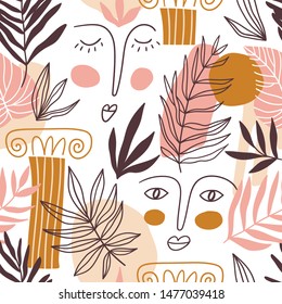 vector Seamless pattern with big colorful shapes, leaves, faces and greece elements. Cute trendy design for fabric or wallpaper. 