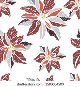 Vector seamless pattern with big colorful  hand drawn flowers of Poinsettia plant on white background. Pastel red, blue colors.  Loose drawing. Winter Christmas flower.