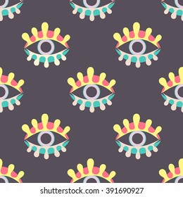 vector seamless pattern of big, colorful, hand drawn eyes, on dark purple background