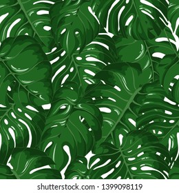Vector seamless pattern with big green tropical leaves of monstera. For summer , natural, ecological design