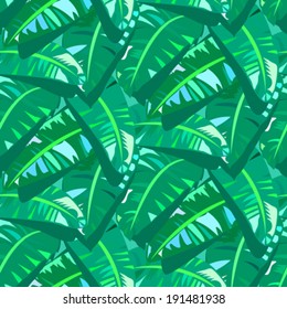 Vector seamless pattern with big leafs inspired by tropical nature and plants like banana palm trees and ferns in multiple green colors