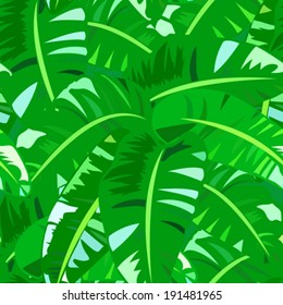 Vector seamless pattern with big leafs inspired by tropical nature and plants like banana palm trees and ferns in multiple green colors