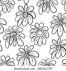 Vector seamless pattern with big line art flowers. Black and white coloring page book