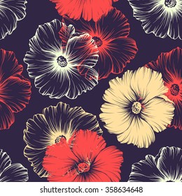 Vector seamless pattern with big monochromatic mallow flowers. No gradients and clipping mask. Modern floral illustration, print, fabric, textile. 