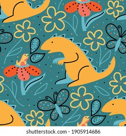 Vector seamless pattern with big and small tyrannosaurs on the background of butterflies and flowers Illustration with dinosaurs 