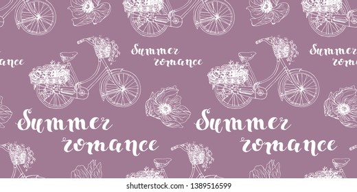 Vector seamless pattern with bike, poppies, text Summer romance, on purple background, white outline. For wallpapers, backgrounds, textiles, factories, coloring, designs, cards, cards, decor