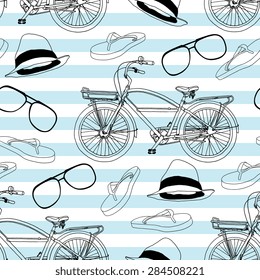Vector seamless pattern with bikes and objects