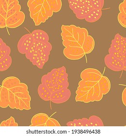 vector seamless pattern birch autumn yellow and orange leaves on a blue background. For fabrics, paper, wallpaper, backgrounds