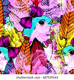 Vector seamless pattern with bird, bow and leaves 1 