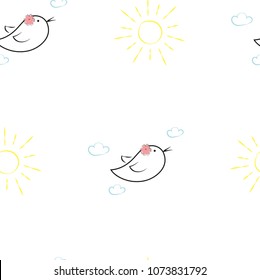 Vector seamless pattern with bird, clouds and sun. Can be used for baby shop, store, market, kids centre, kindergarten. Cute background for print on clothes for boys and girls, design banner. EPS10.