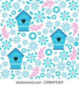 Vector seamless pattern with bird houses, flowers and twigs of plants. Floral pastel background. Great for wallpaper design, clothing, textile printing, wrapping paper and more