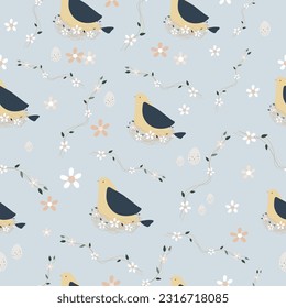 vector seamless pattern bird,  nest, egg , flower and vine  on blue background 