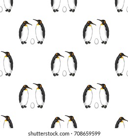 Vector Seamless Pattern Of Bird Penguin Couple With Egg. Emperor Penguin Family