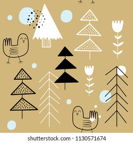 Vector seamless pattern "bird in the Scandinavian forest".
