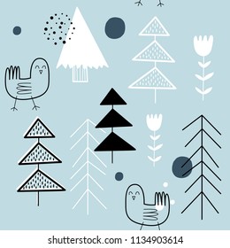 Vector seamless pattern "bird in the Scandinavian forest".
