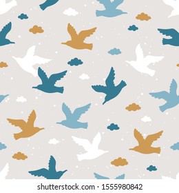 Vector seamless pattern with bird silhoettes. Simple repeated texture with seagulls and clouds. Flying birds.